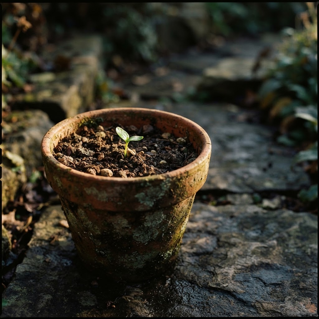 A resilient sprout growing from a forgotten pot