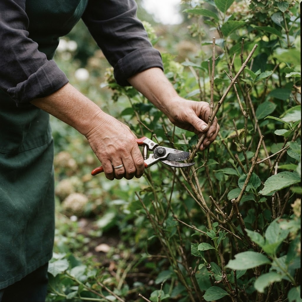 A gardener's hands using secateurs to lightly prune a leggy shrub