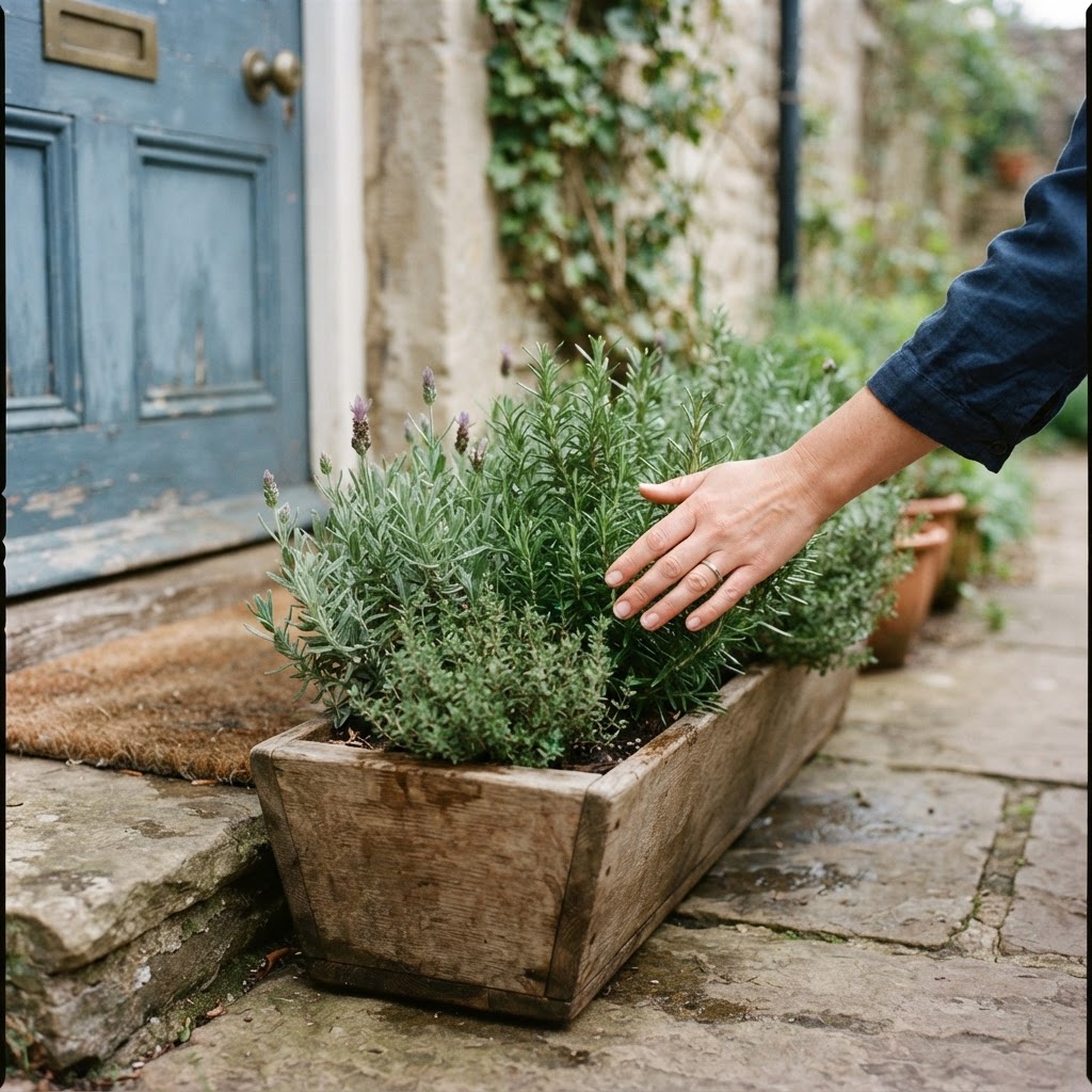 A wooden trough of culinary herbs by a back doorstep, a hand brushing past the foliage