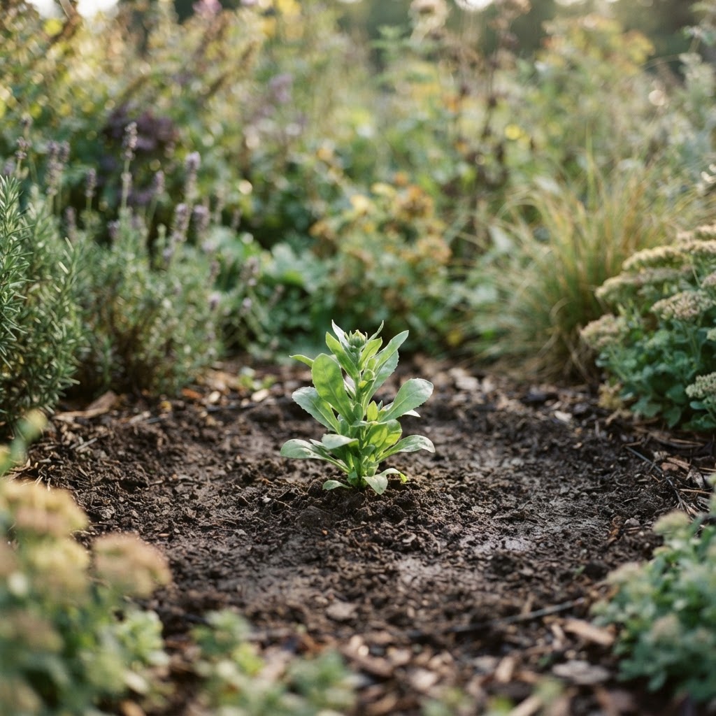A single small clear patch of freshly weeded soil with one tidy plant in focus, the rest of the border softly blurred behind