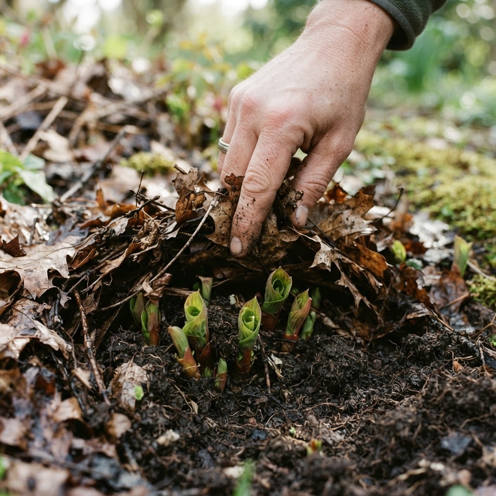 New spring growth emerging through garden soil, a hand gently clearing old leaves