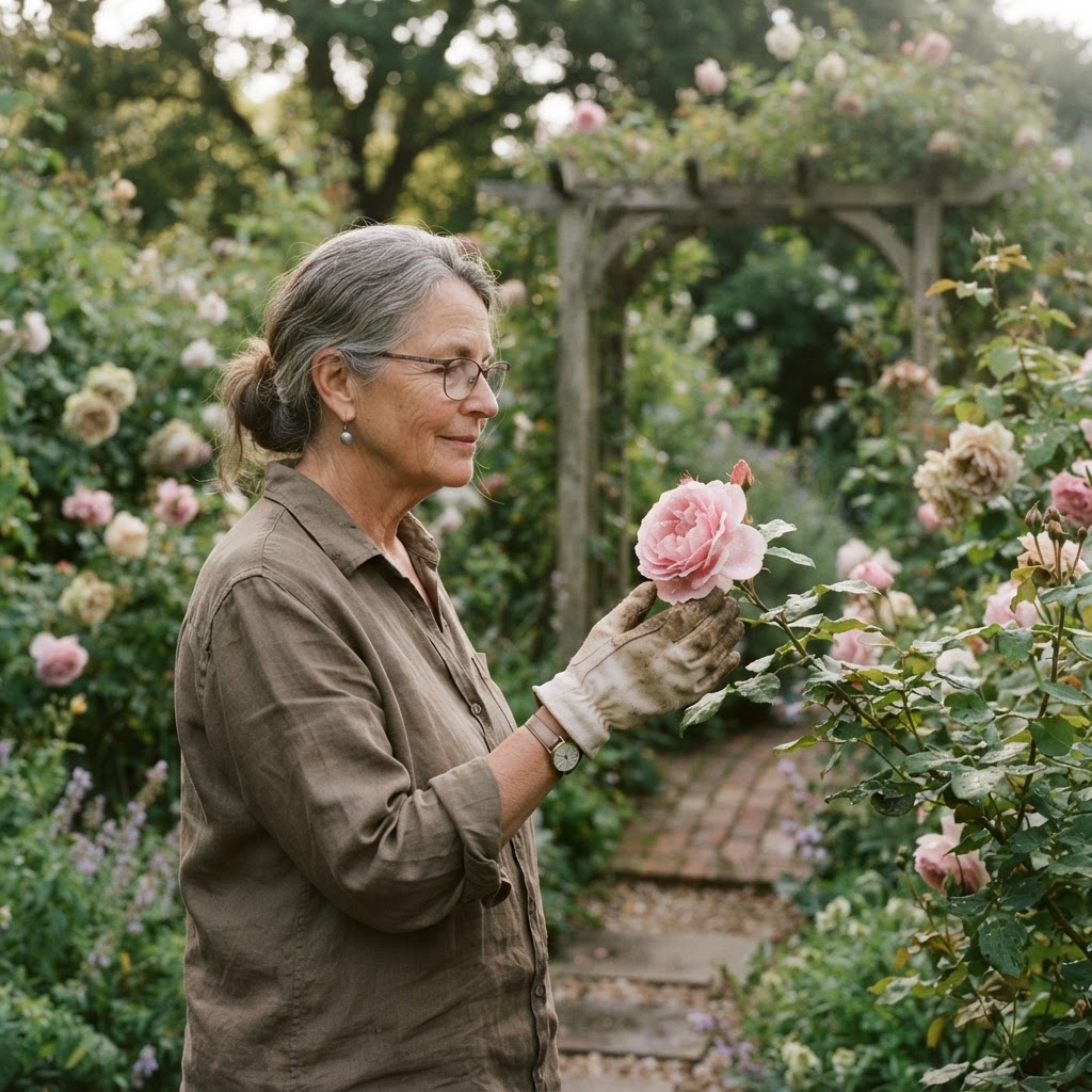 A gardener pausing to watch a newly opened rose bloom, quiet noticing moment in a garden
