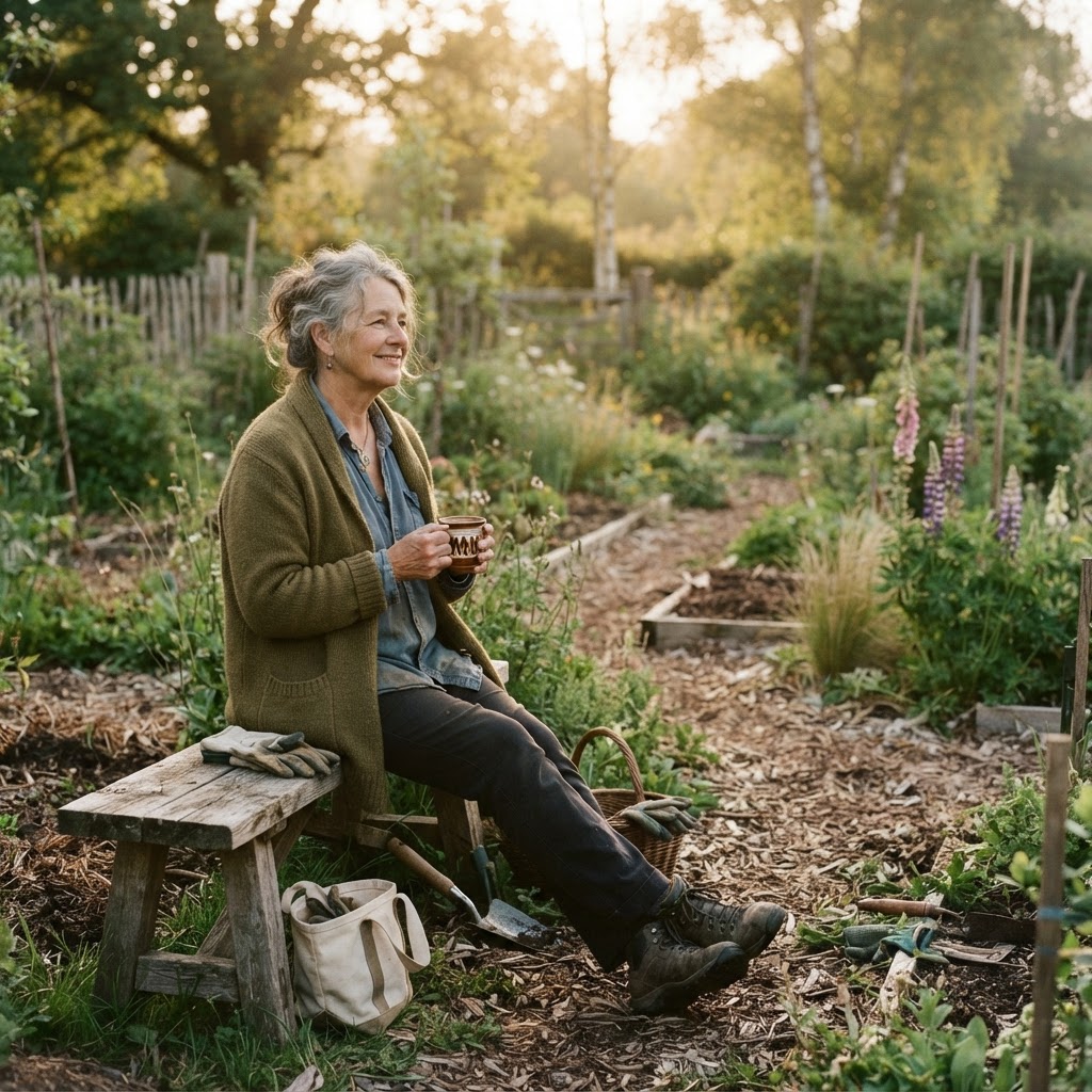 A gardener sitting quietly on a simple bench at the edge of an unfinished garden, mug of tea in hand, enjoying the space as it is
