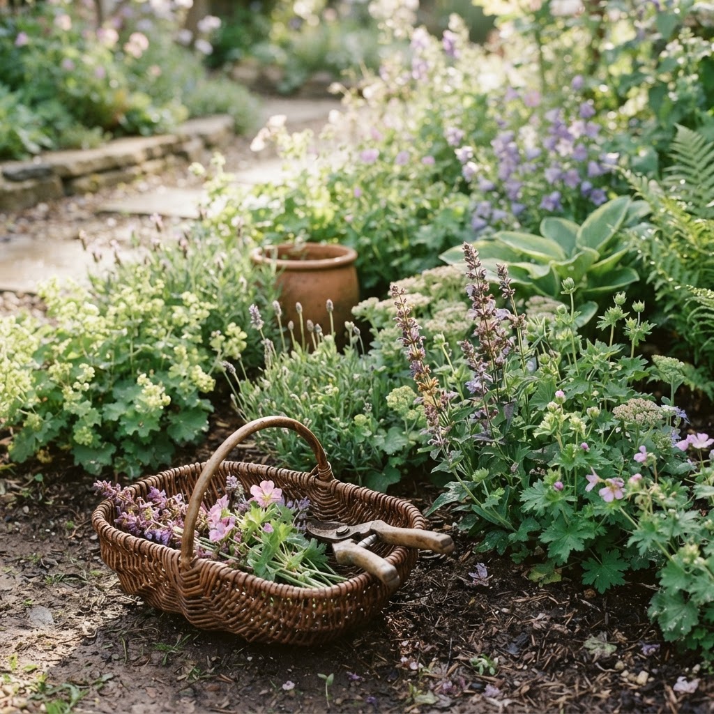 A small garden border with a few freshly deadheaded plants and new buds forming, a basket with a few snipped flower heads
