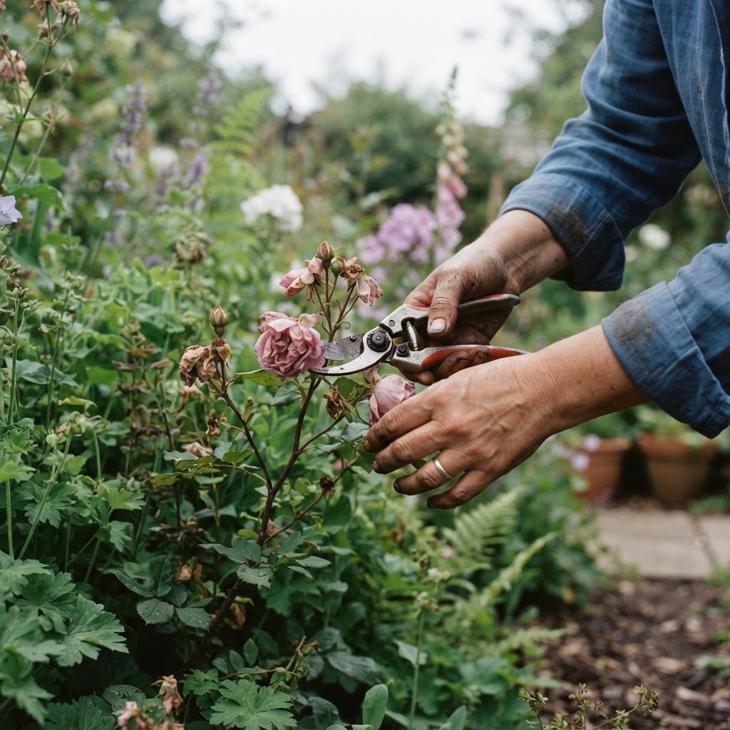 A gardener's hands deadheading spent rose blooms in a small mixed border