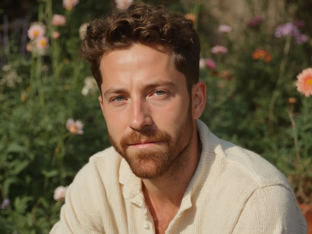 Alex Scudder, gardener and author, standing in his garden at dawn