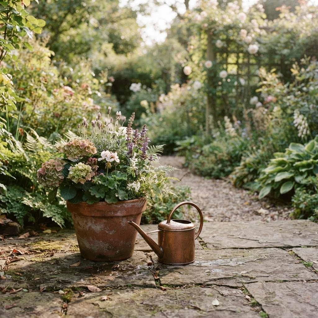 A small watering can resting beside a flower pot on a patio, a well-established calm garden in the background