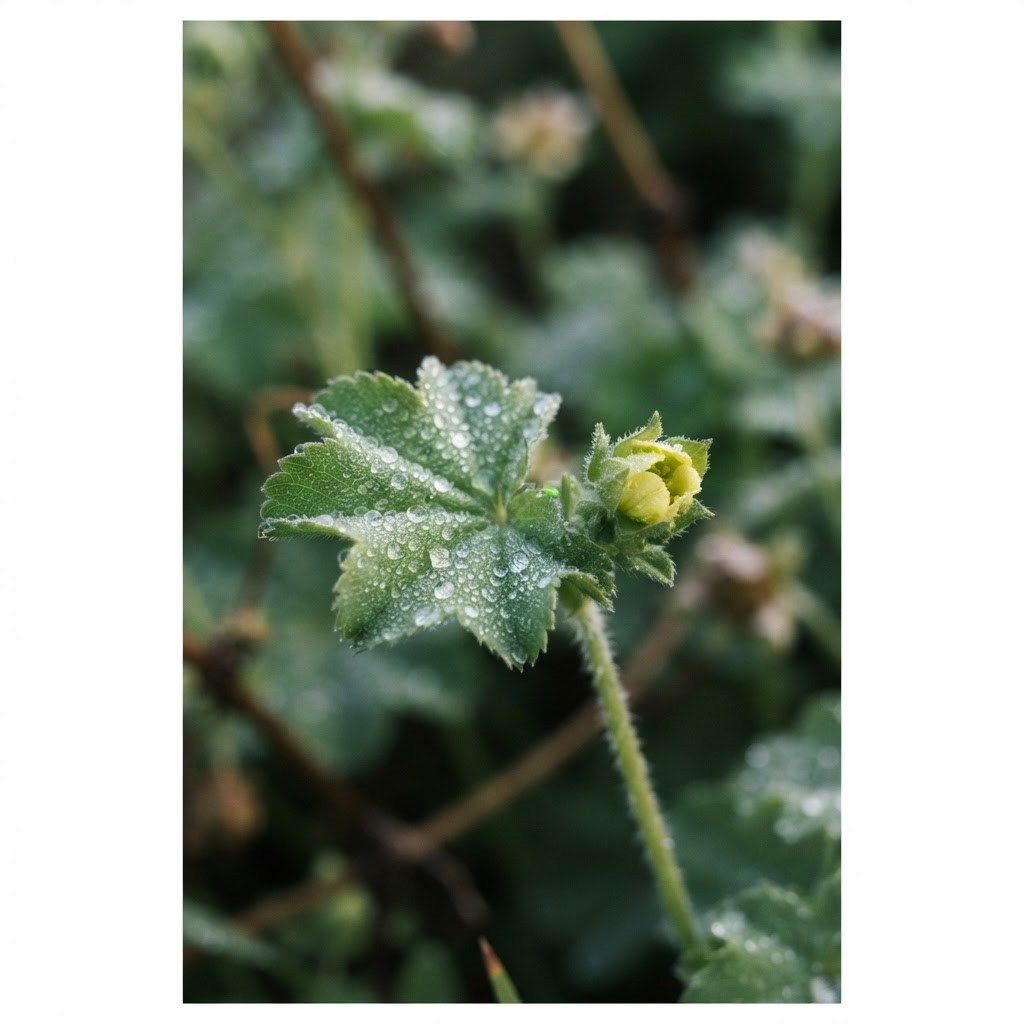 Close-up of a single leaf curling slightly at the edge, morning dew, with a bud just about to open beside it