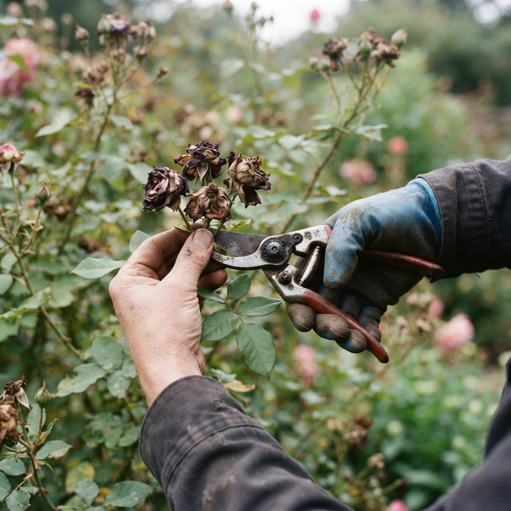 A gardener's hands deadheading spent rose blooms with secateurs on a quiet Tuesday morning