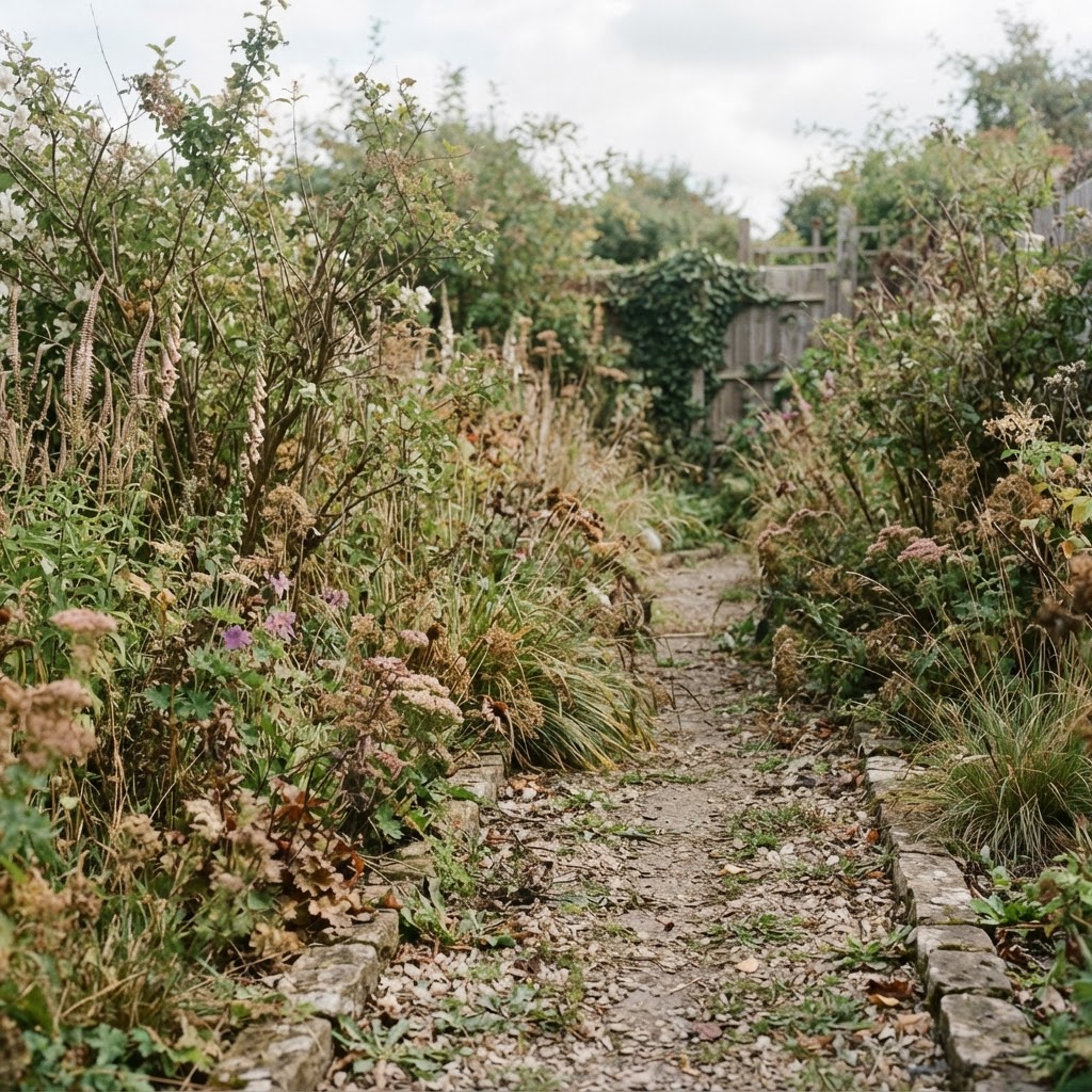 A slightly tired perennial border along a garden path, green shrubs gone a little leggy