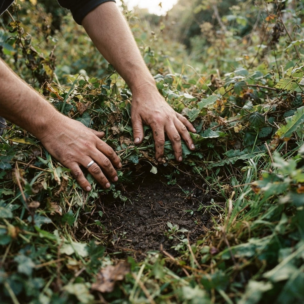 A pair of hands gently parting overgrown foliage to reveal a small patch of cleared soil underneath, first step of returning to a neglected garden