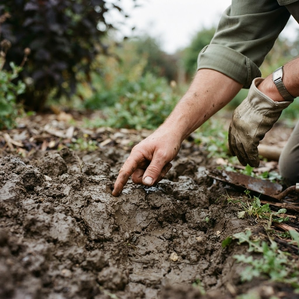 Close-up of a gardener's hand touching the surface of heavy clay soil, examining its texture before deciding what to plant