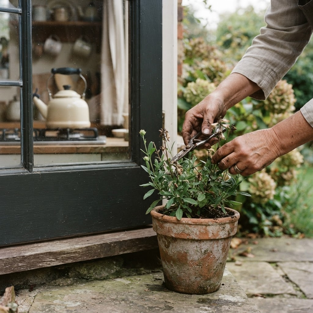 A gardener's hand deadheading a single spent flower in a terracotta pot near a kitchen back door