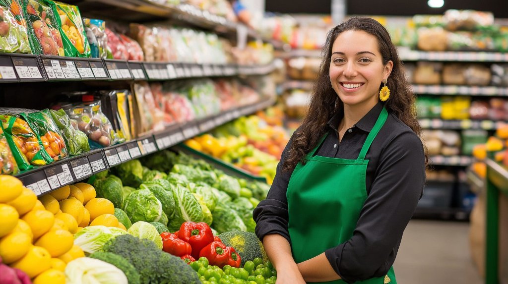 Grocery store team member surrounded by fresh produce