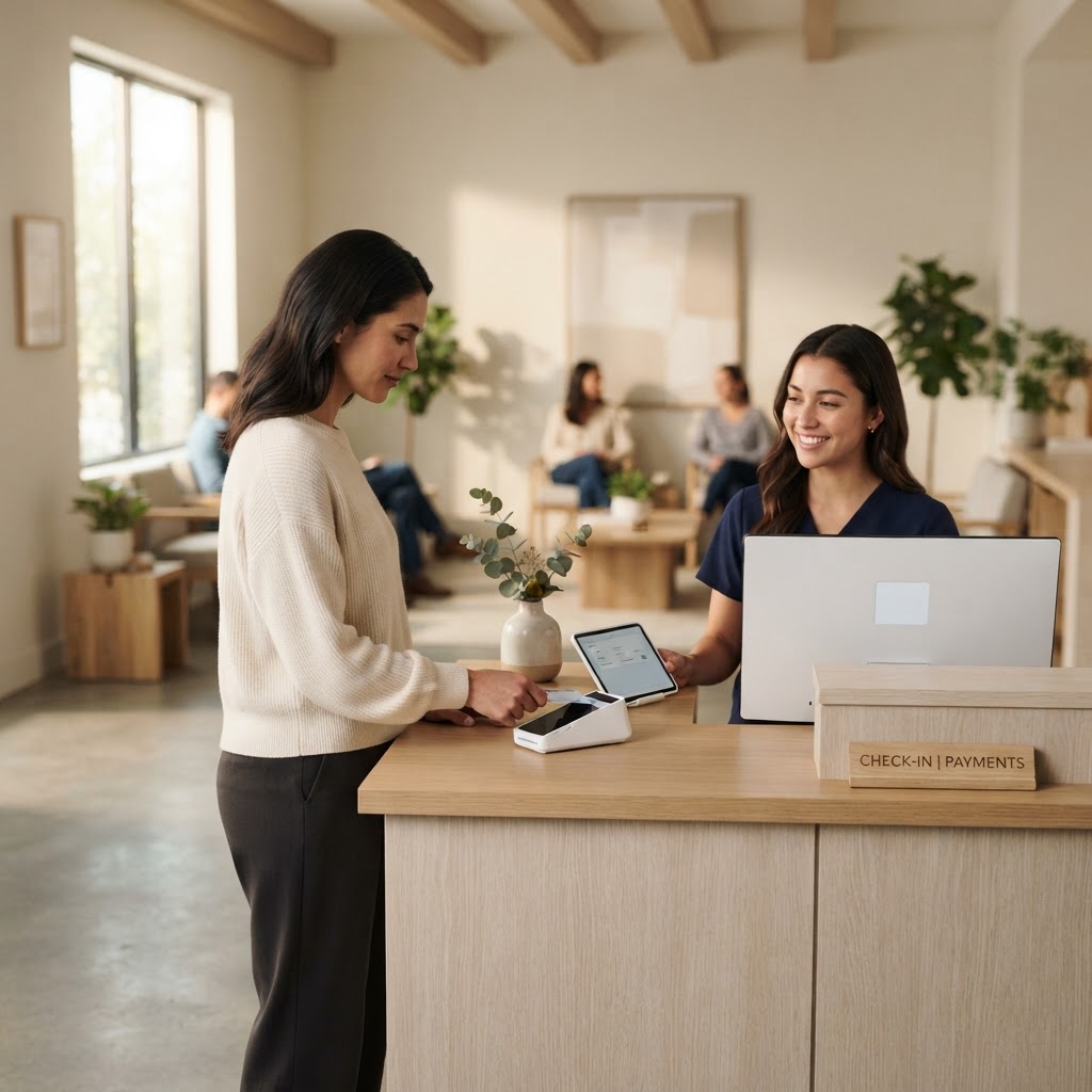 Patient completing payment at a modern healthcare clinic reception desk