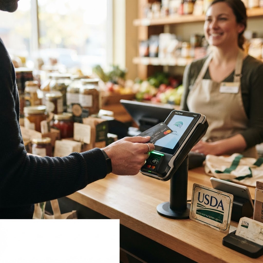 Customer tapping a contactless card on a payment terminal at a retail checkout.
