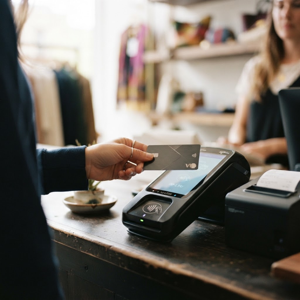 Customer tapping a contactless card on a payment terminal at a retail checkout.