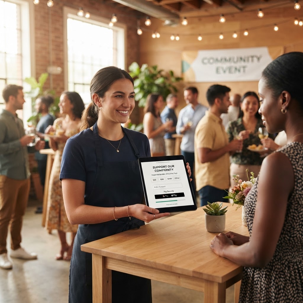 Volunteer accepting a contactless donation on a tablet at a community event