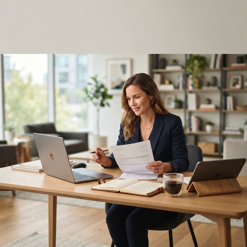 Consultant reviewing an invoice with an online payment workflow on a laptop