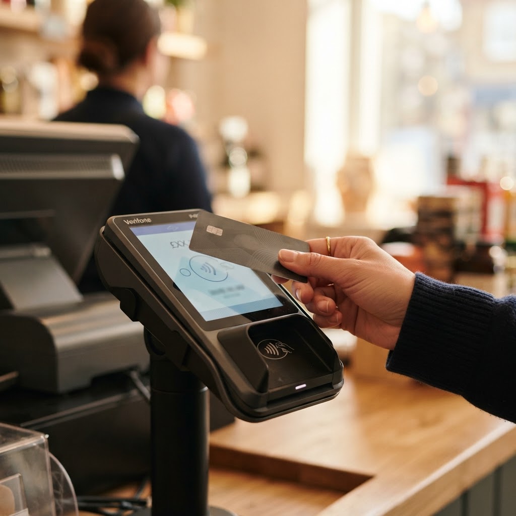 Customer tapping a contactless card on a payment terminal at a retail checkout.