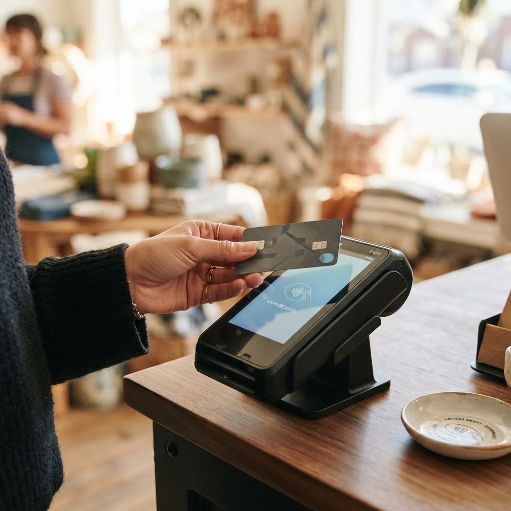 Customer tapping a contactless card on a payment terminal at a retail checkout.