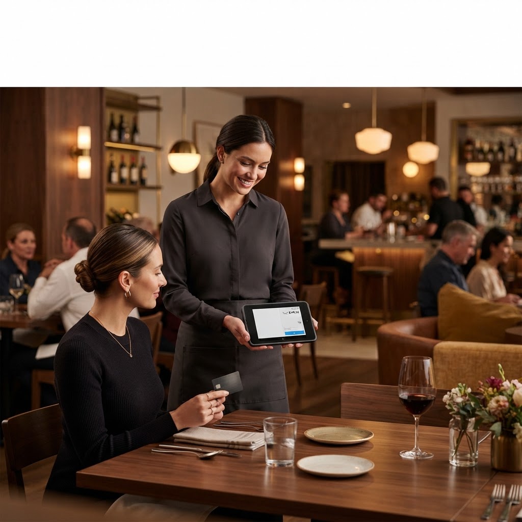 Restaurant server using a modern tableside payment terminal