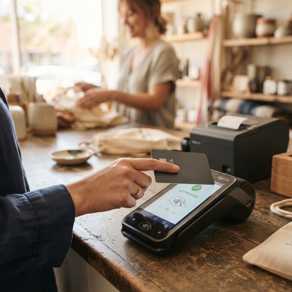 Customer tapping a contactless card on a payment terminal at a retail checkout.