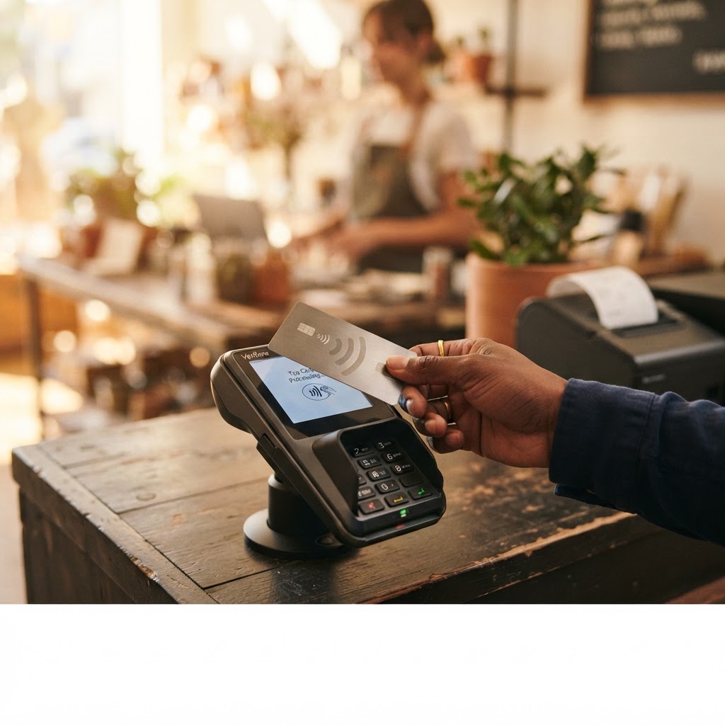 Customer tapping a contactless card on a payment terminal at a retail checkout.