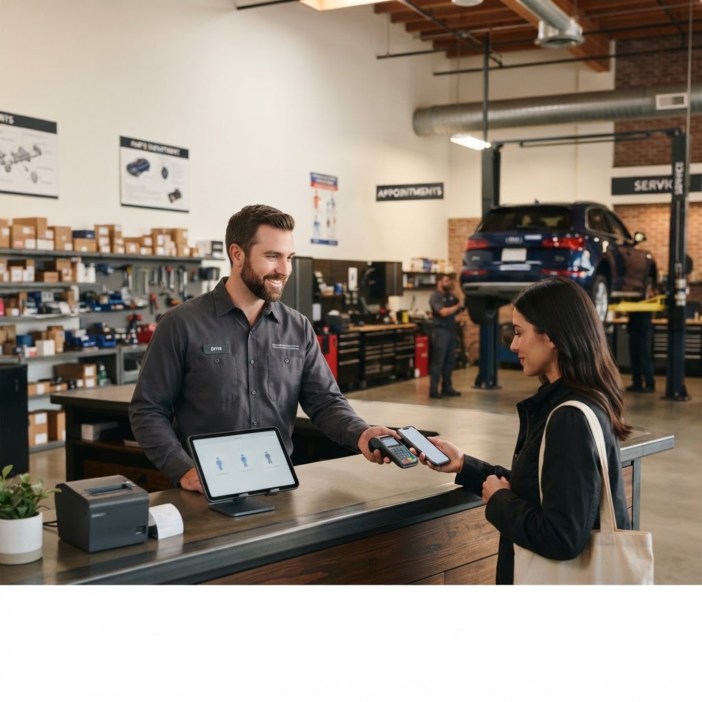 Auto repair customer paying with a contactless mobile card reader at the counter