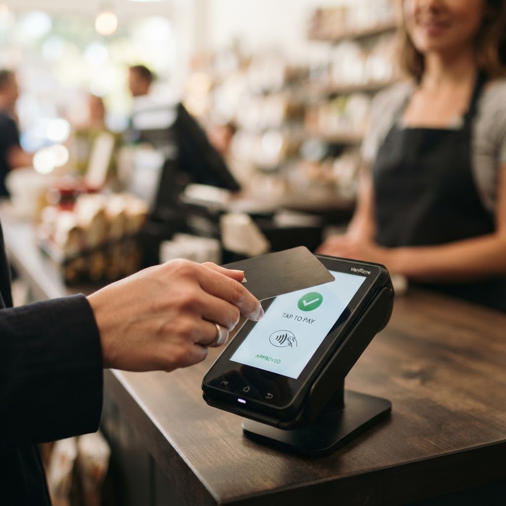 Customer tapping a contactless card on a payment terminal at a retail checkout.