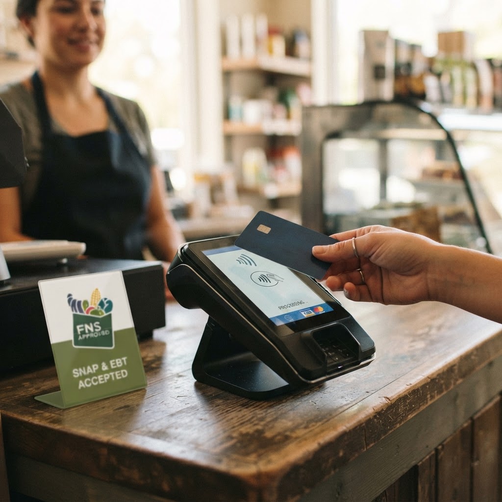 Customer tapping a contactless card on a payment terminal at a retail checkout.