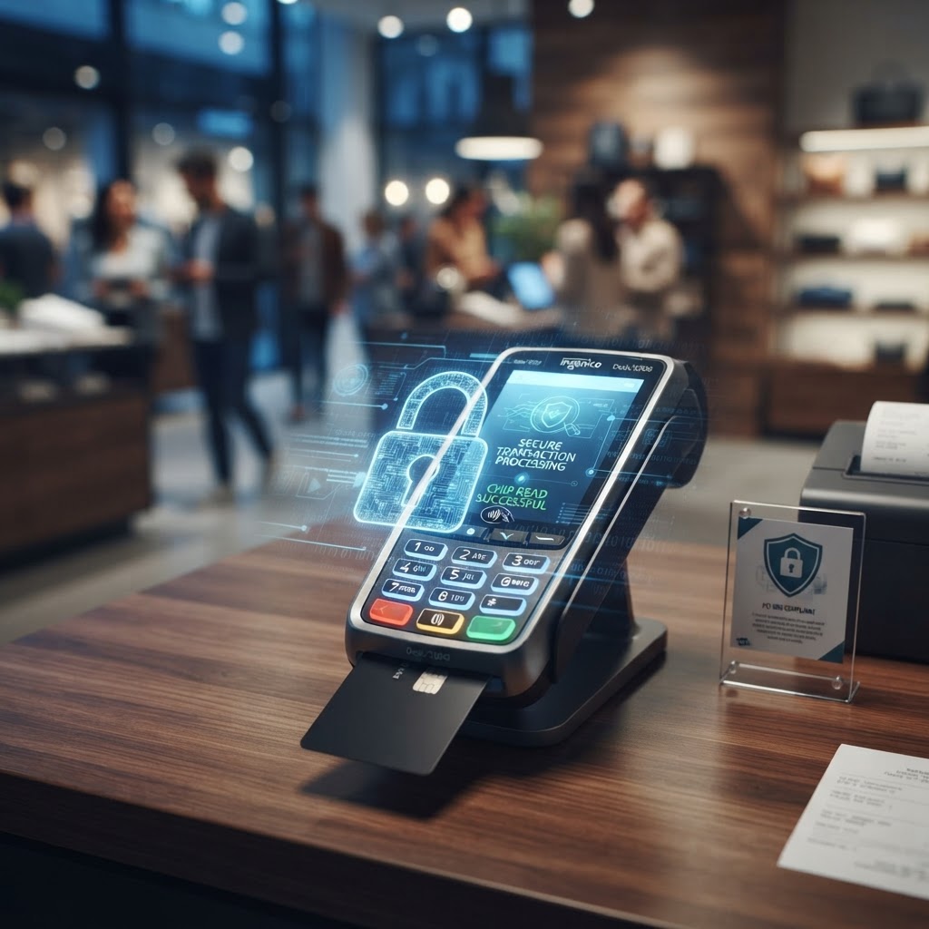 Secure EMV payment terminal with a digital padlock security overlay on a retail counter.