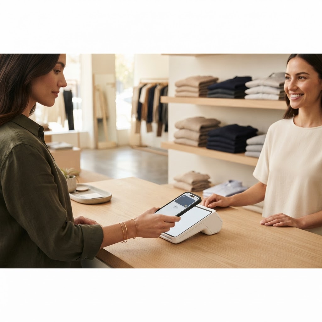 Customer making a contactless mobile wallet payment at a retail store checkout