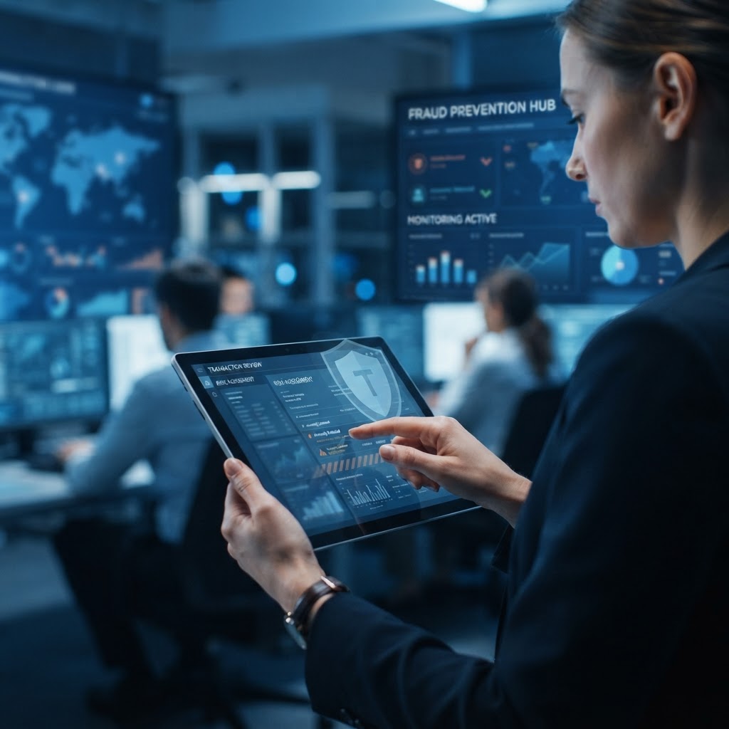 Fraud-prevention review of a payment transaction on a tablet.