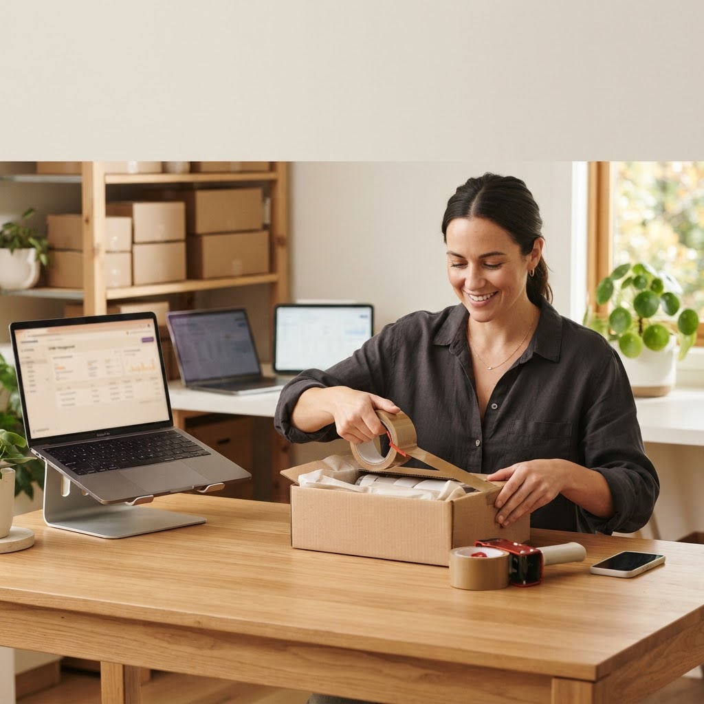 Small business owner managing online store orders and packing shipments