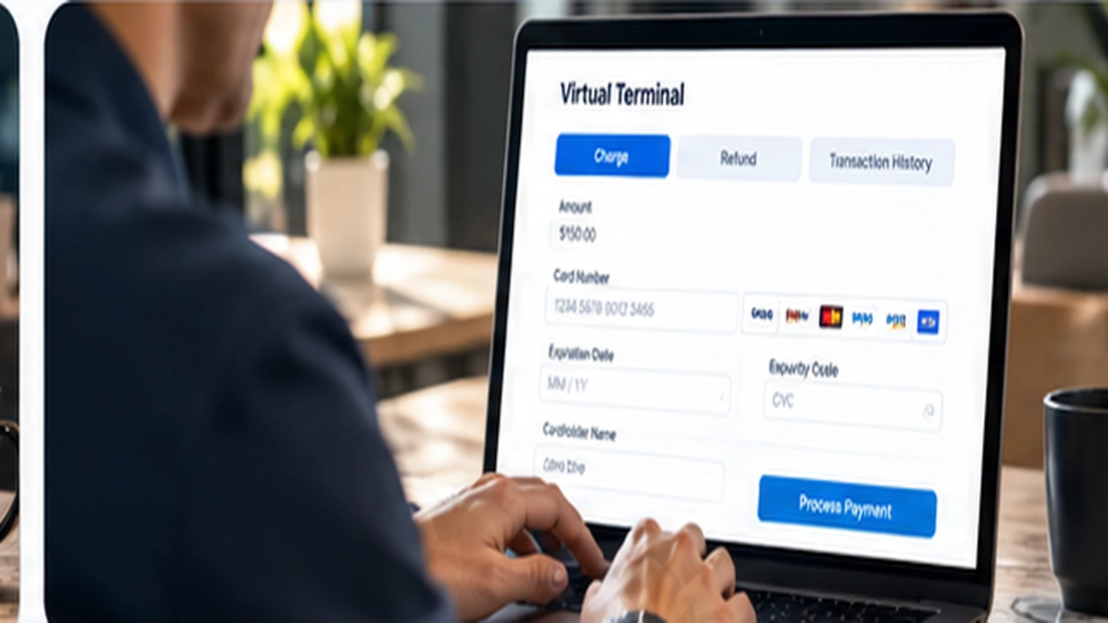 Illustrative virtual terminal payment entry on a laptop in a modern office