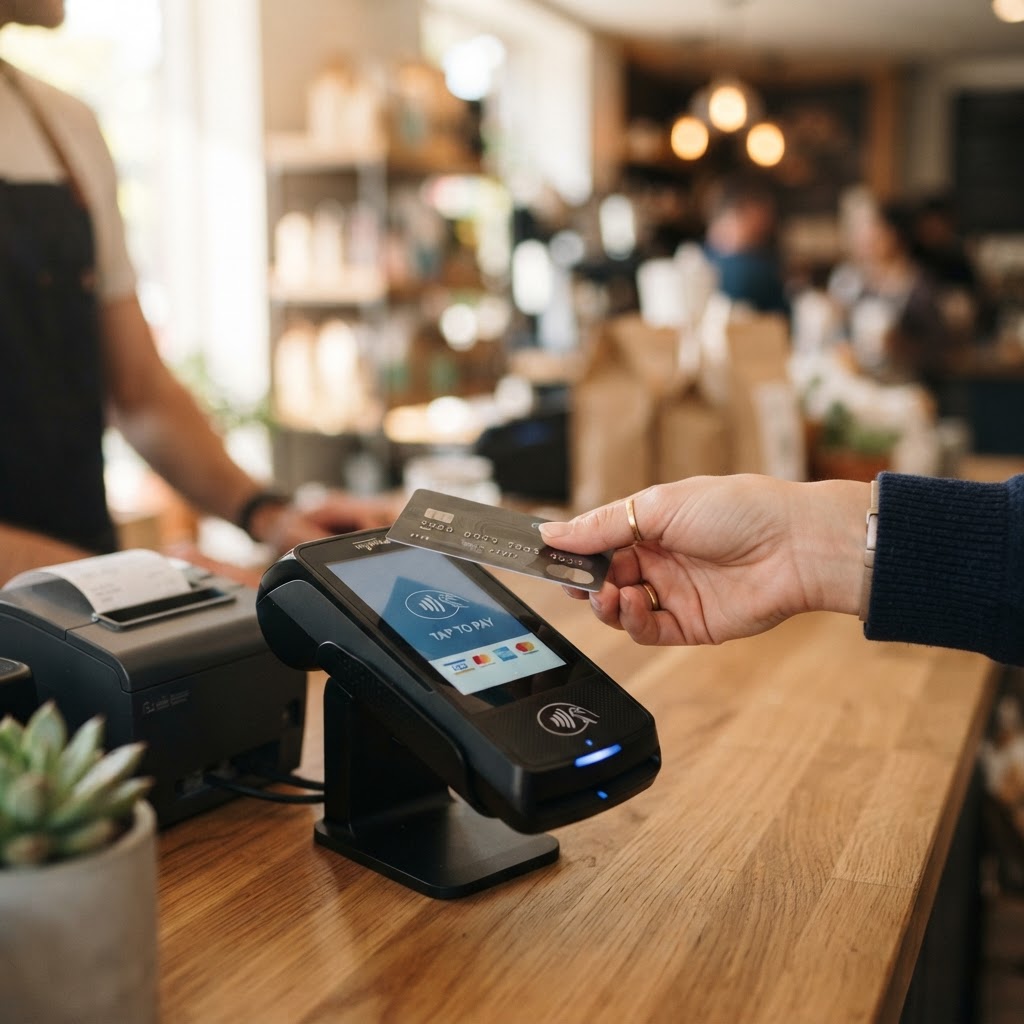Customer tapping a contactless card on a payment terminal at a retail checkout.