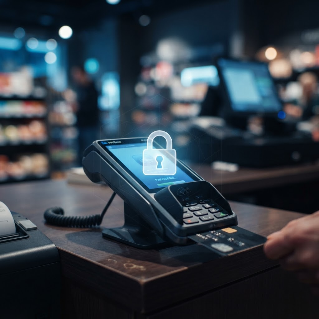 Secure EMV payment terminal with a digital padlock security overlay on a retail counter.