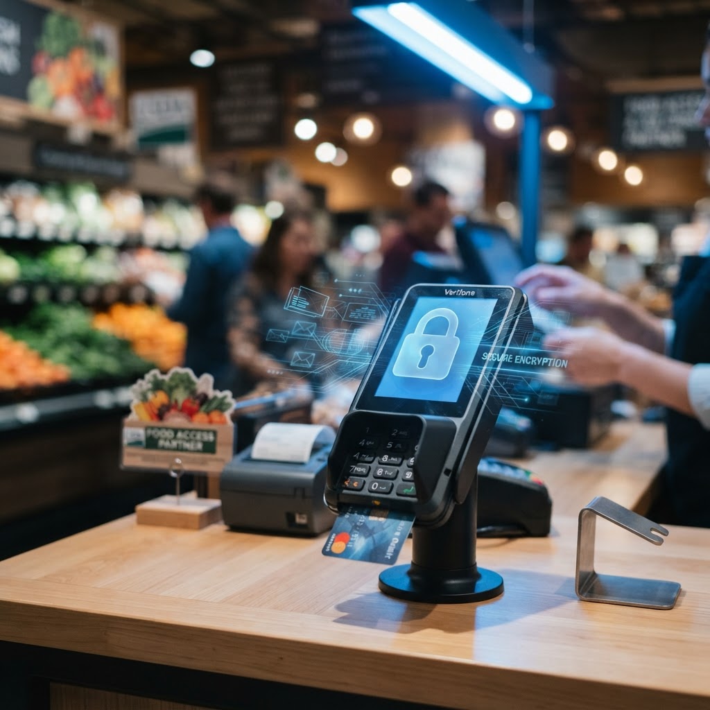 Secure EMV payment terminal with a digital padlock security overlay on a retail counter.