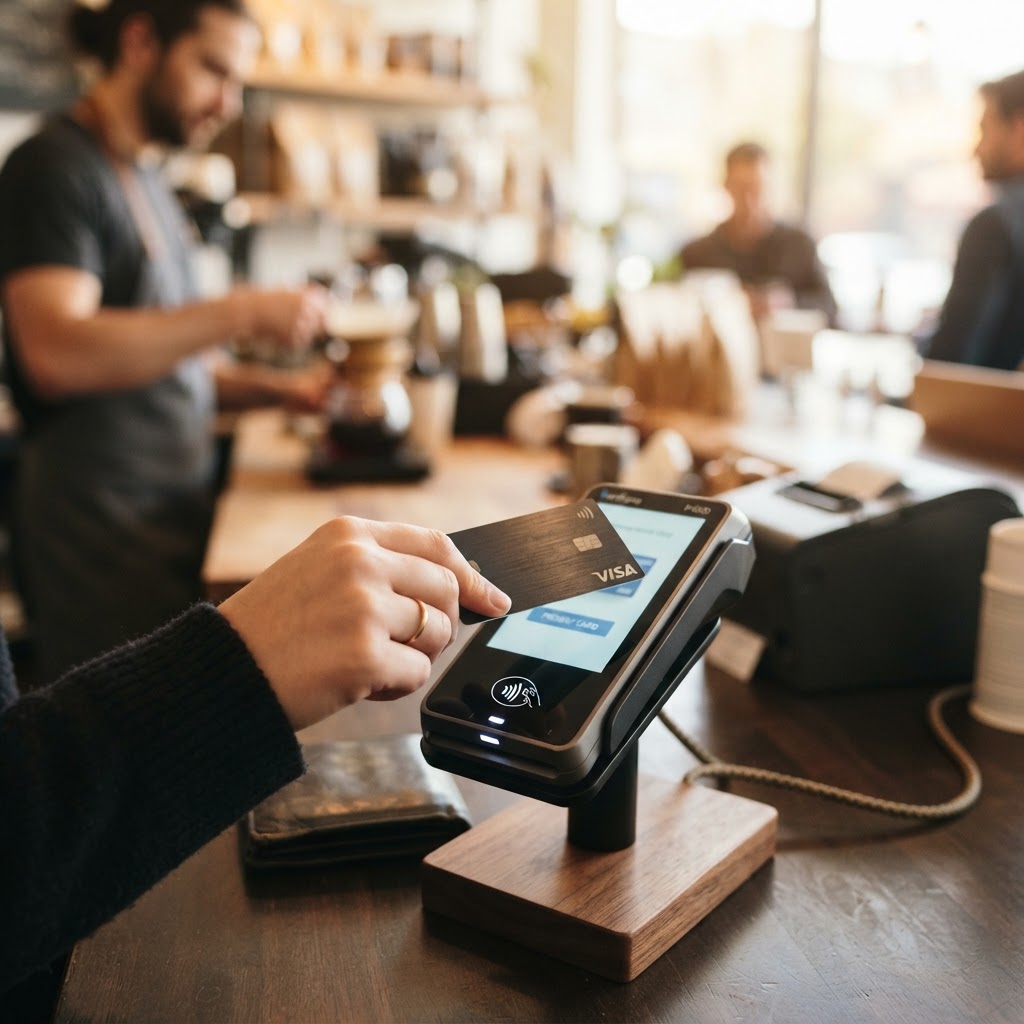 Customer tapping a contactless card on a payment terminal at a retail checkout.