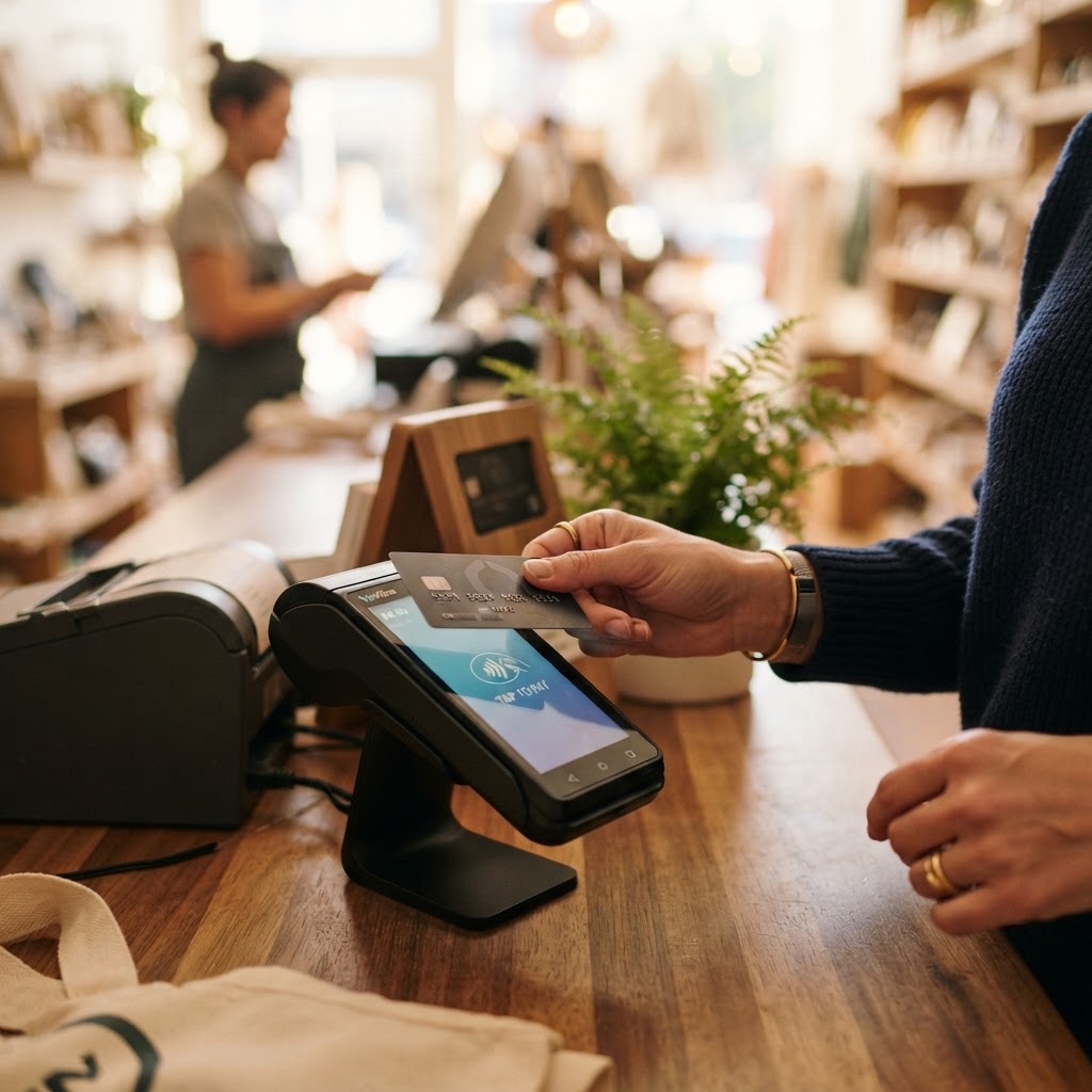 Customer tapping a contactless card on a payment terminal at a retail checkout.