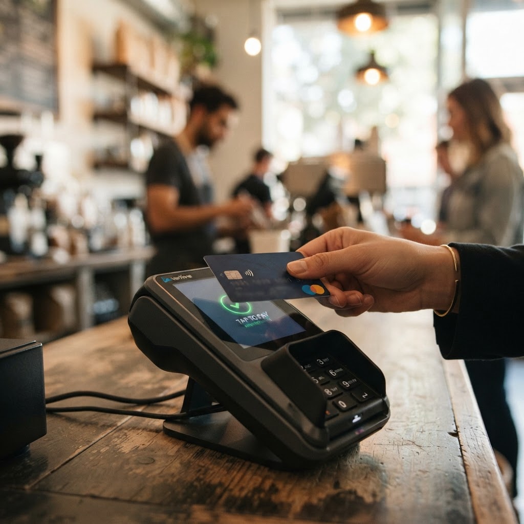 Customer tapping a contactless card on a payment terminal at a retail checkout.