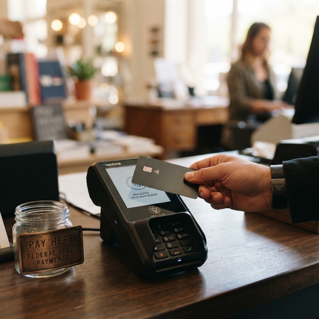 Customer tapping a contactless card on a payment terminal at a retail checkout.