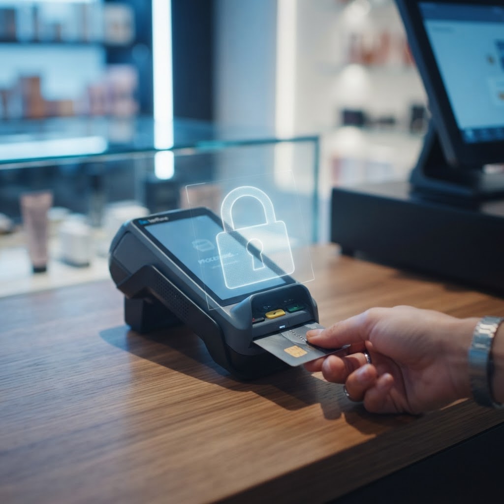 Secure EMV payment terminal with a digital padlock security overlay on a retail counter.