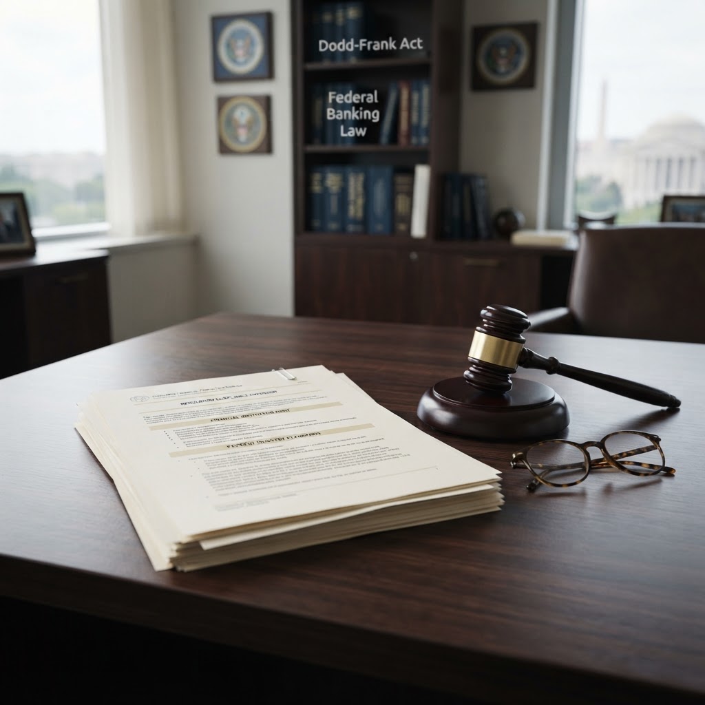 Financial-regulation compliance document on a desk beside a gavel and reading glasses.