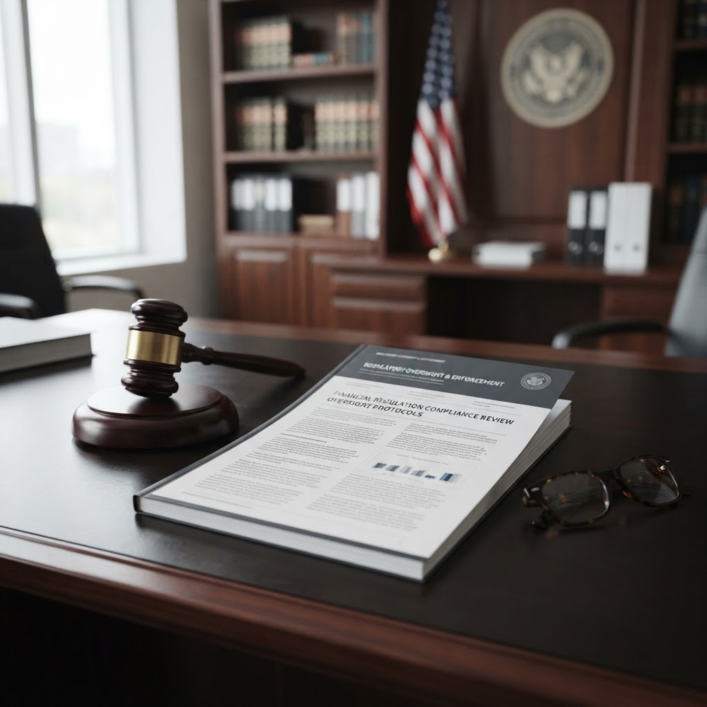 Financial-regulation compliance document on a desk beside a gavel and reading glasses.