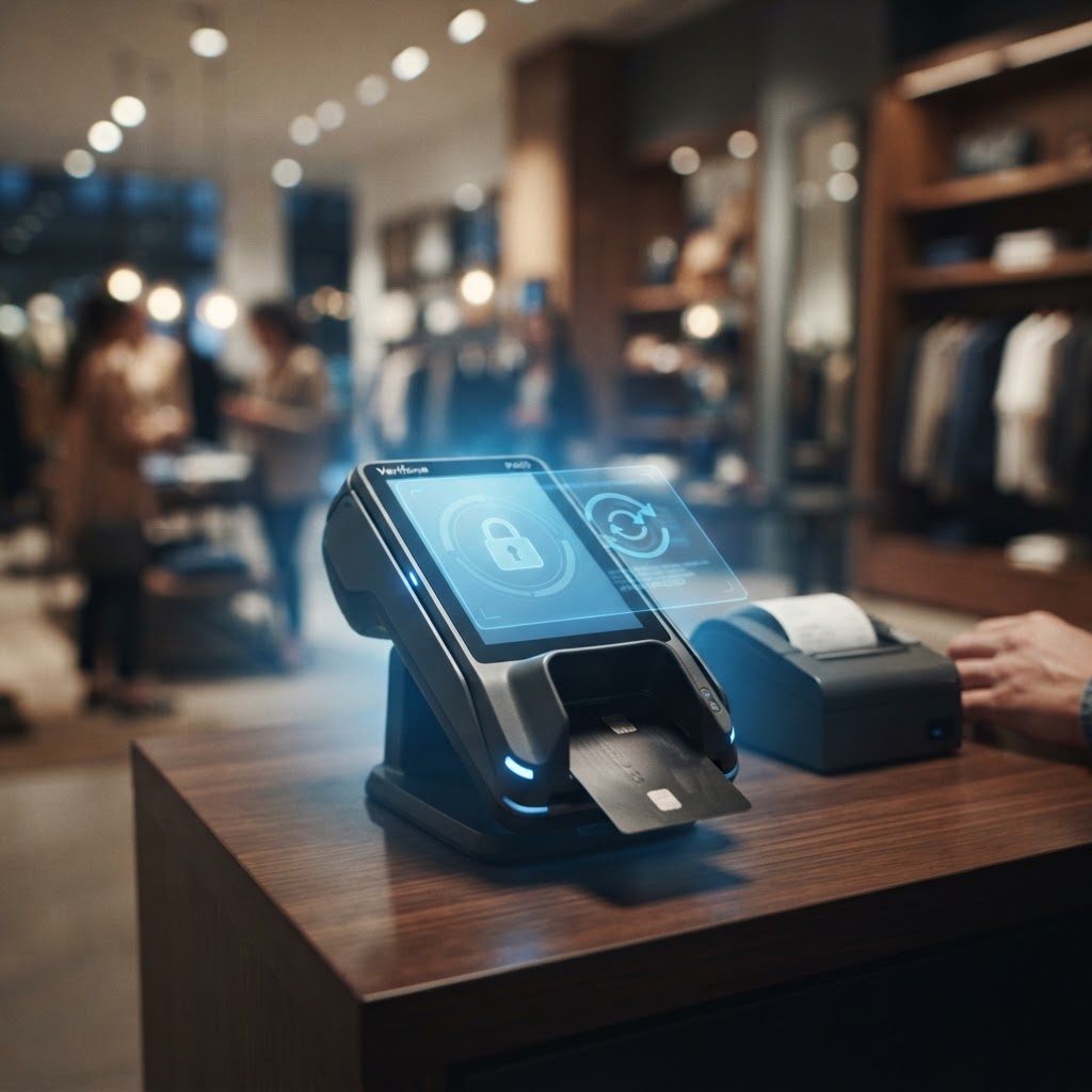 Secure EMV payment terminal with a digital padlock security overlay on a retail counter.