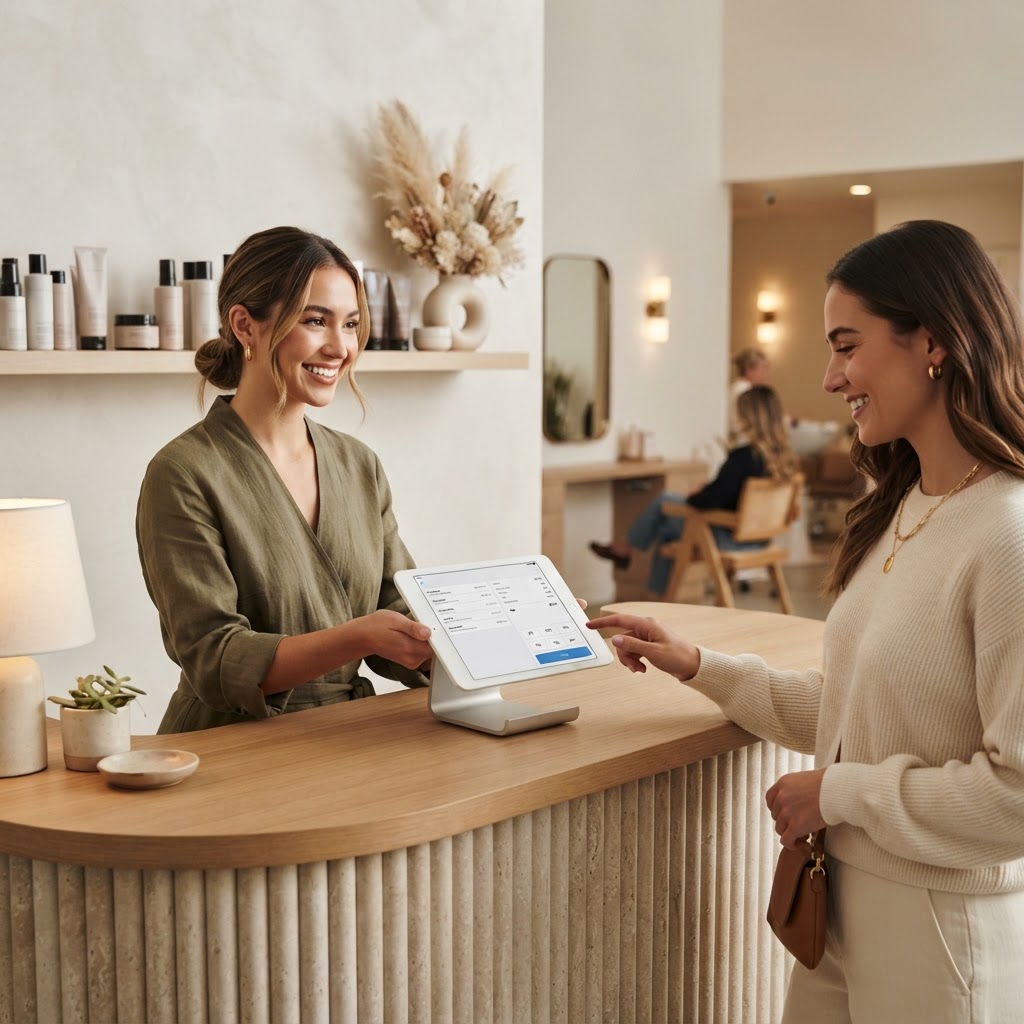 Salon guest completing payment and tip on a tablet terminal at the reception desk
