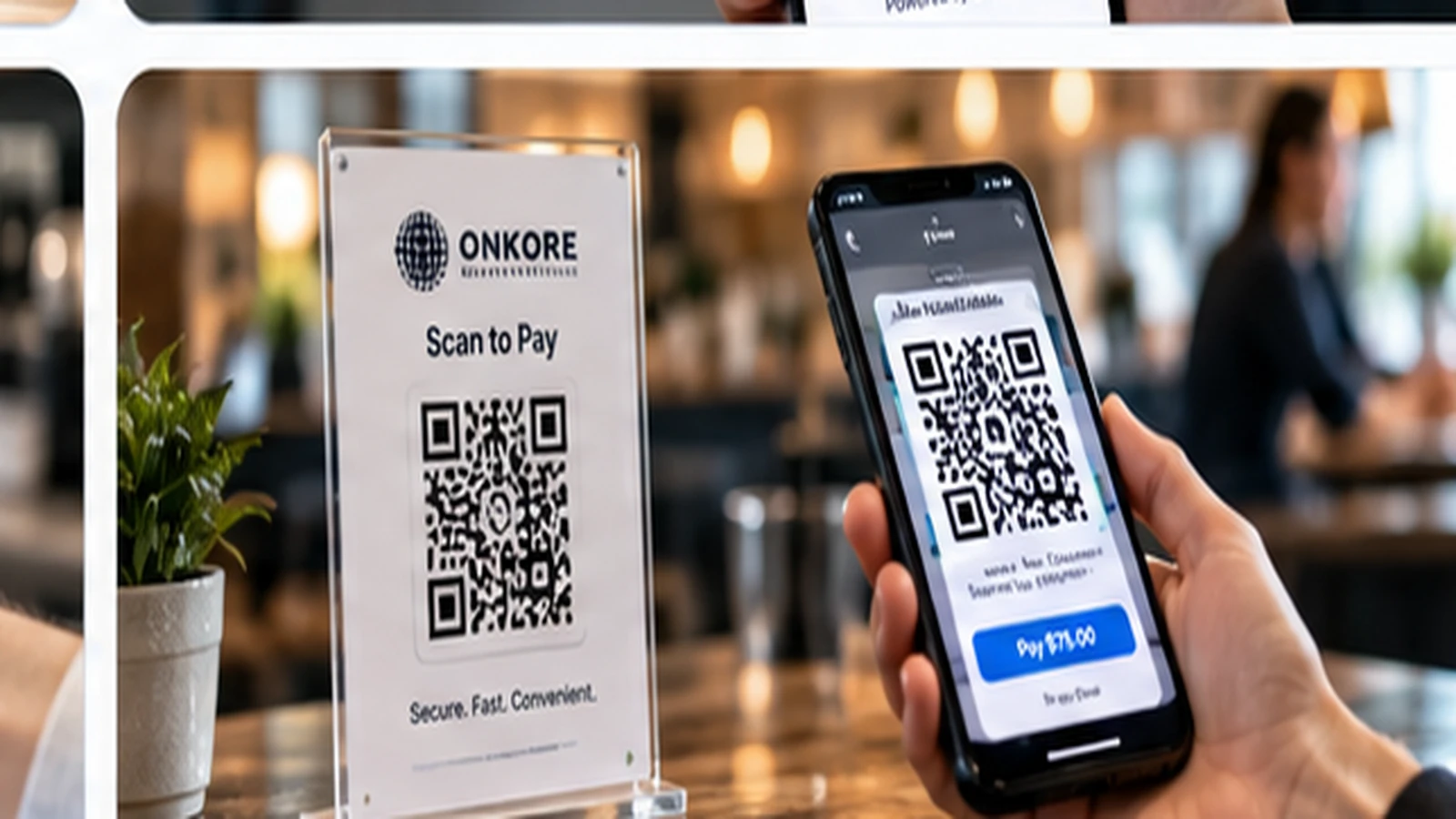 Illustrative scan-to-pay QR code at a merchant counter