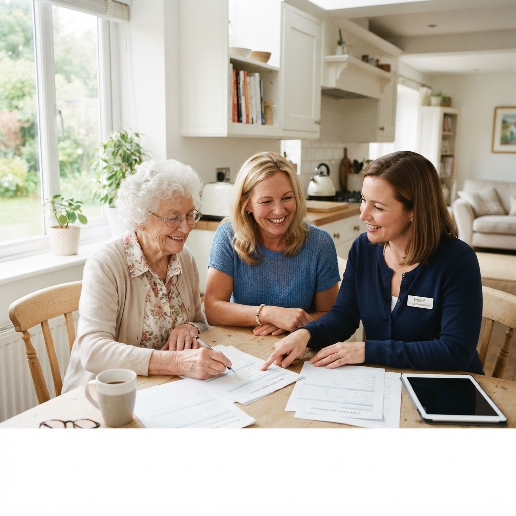 Family and care coordinator reviewing paperwork together